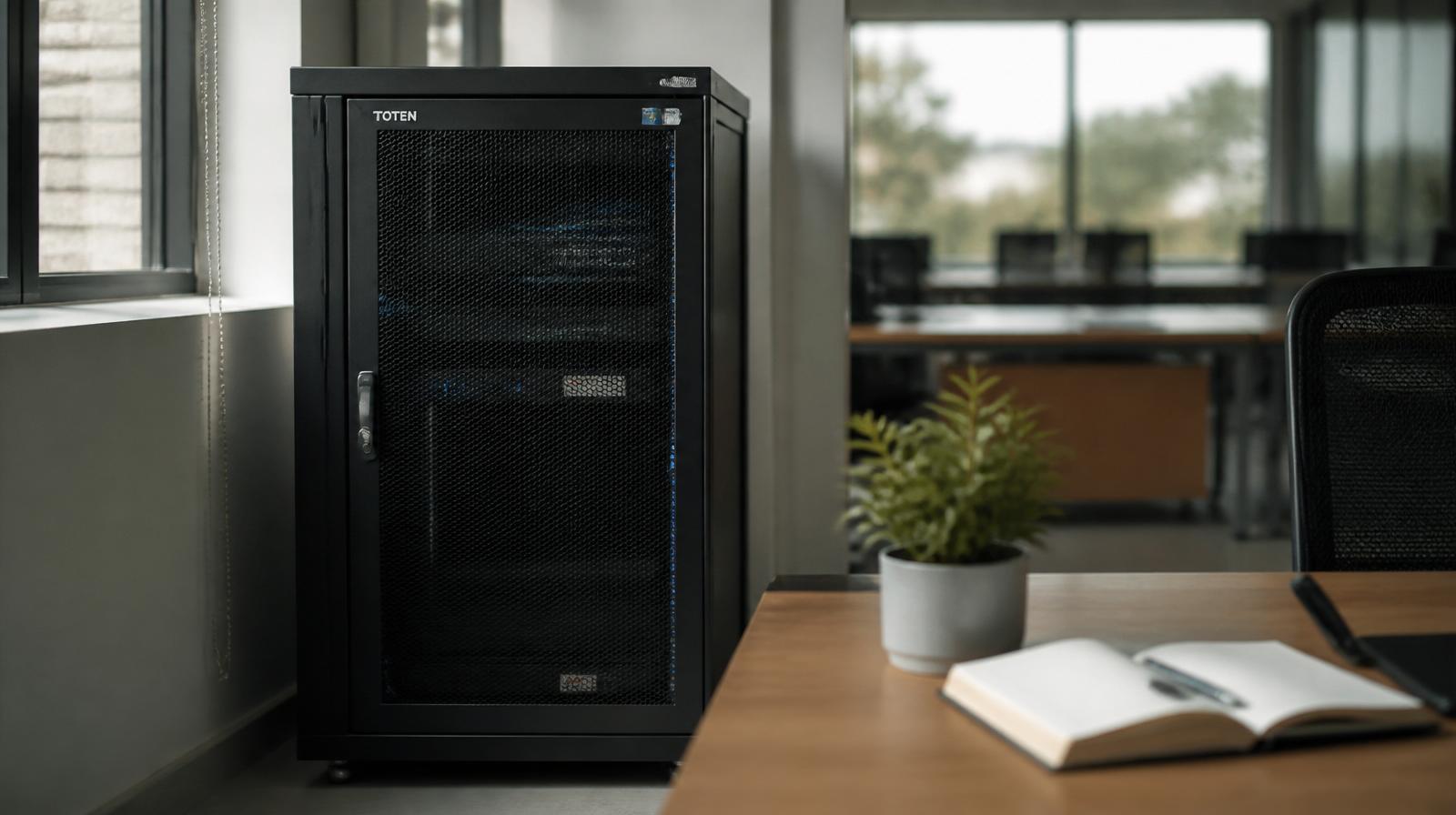 Rack de servidor local em um escritório iluminado, próximo a uma mesa com caderno aberto