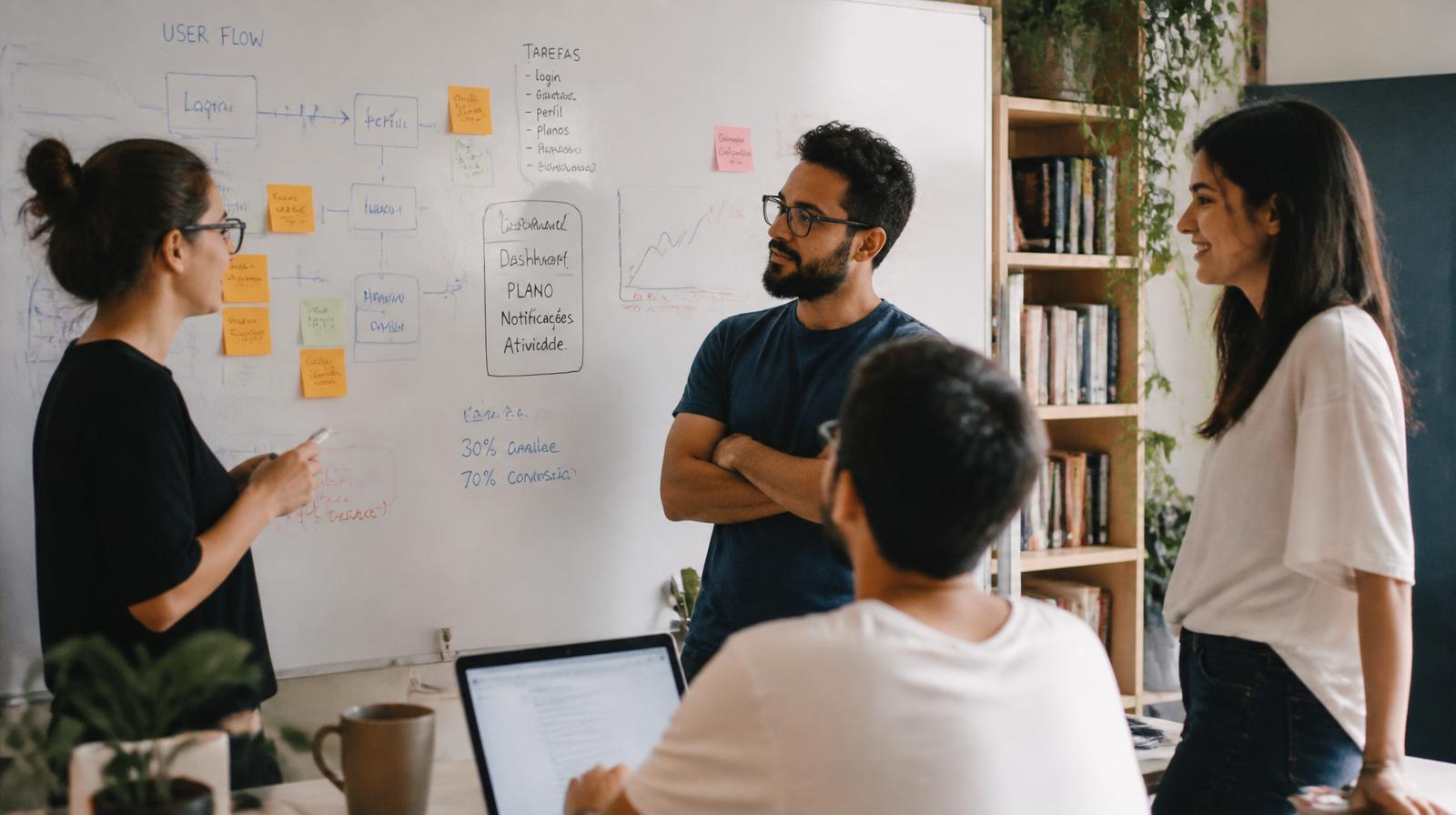 Time de startup em reunião de produto